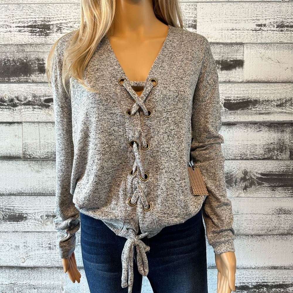 Jade gray lace up knit sweater top - Picture 7 of 7